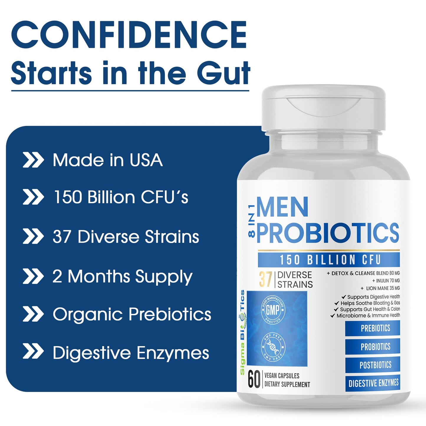 Probiotics for Men - 150 Billion CFU Acidophilus Capsules with Prebiotics & Postbiotics - Supports Gut Microbiome, Colon & Immune Health - dailyvitalstore
