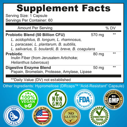 Probiotics with Digestive Enzymes and Prebiotic for Women and Men - 3-In-1 Vegan Probiotic Prebiotic Multi Enzyme Complex for Gut Health - dailyvitalstore