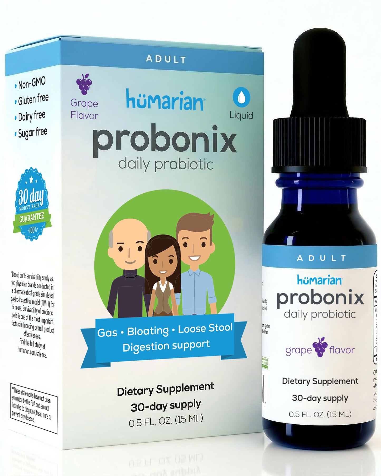 Probonix Humarian Liquid Probiotics for Adults - 12-Strain Probiotic Drops to Fortify Gut Health, Immunity and More - 30-Day Supply - Delicious Grape Flavor - dailyvitalstore
