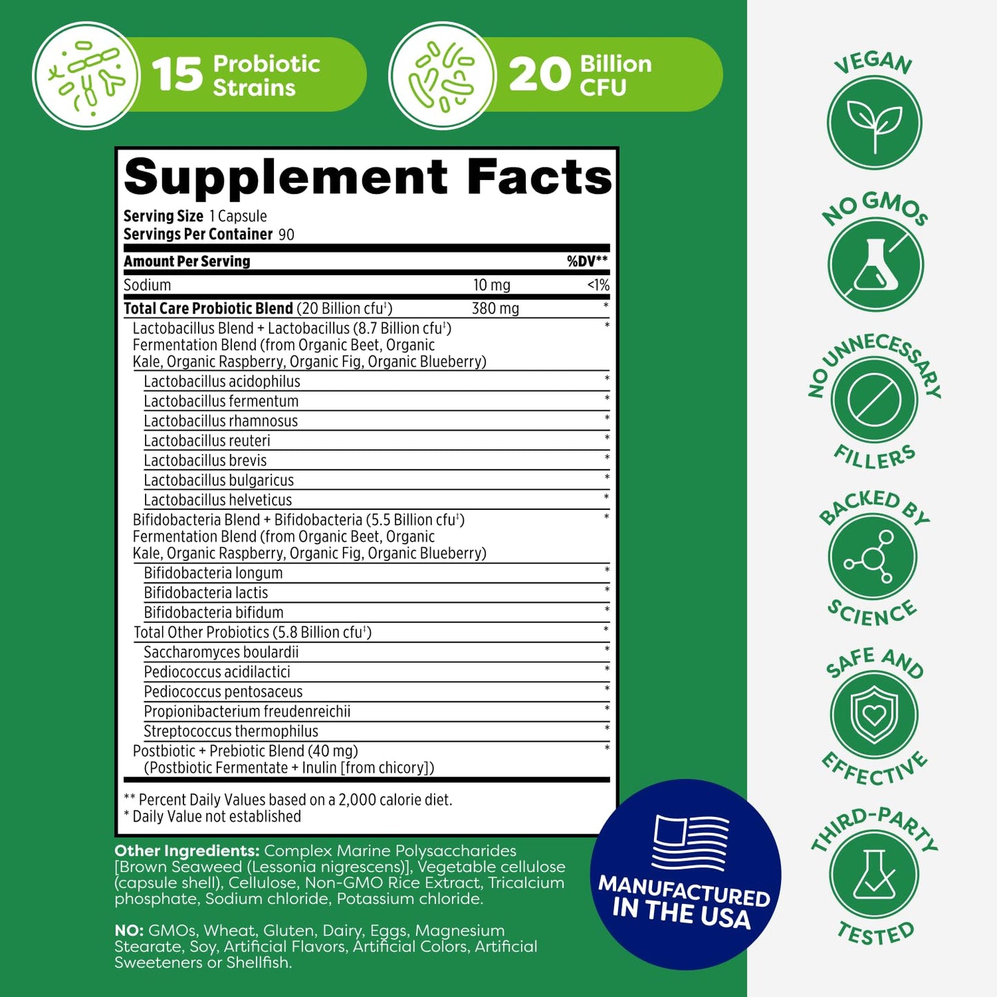 Probulin Total Care Probiotic Supplement, Daily Gut, Digestive, and Immune Health Probiotics Capsules for Men and Women, 20 Billion CFU, Vegan, 90 Count Bottle - dailyvitalstore
