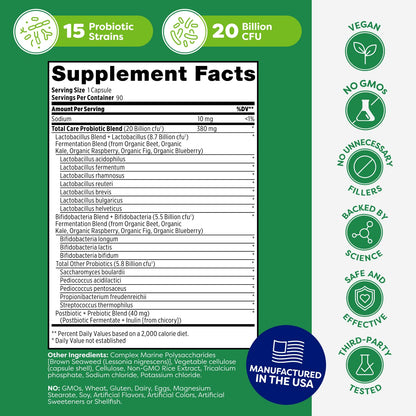 Probulin Total Care Probiotic Supplement, Daily Gut, Digestive, and Immune Health Probiotics Capsules for Men and Women, 20 Billion CFU, Vegan, 90 Count Bottle - dailyvitalstore