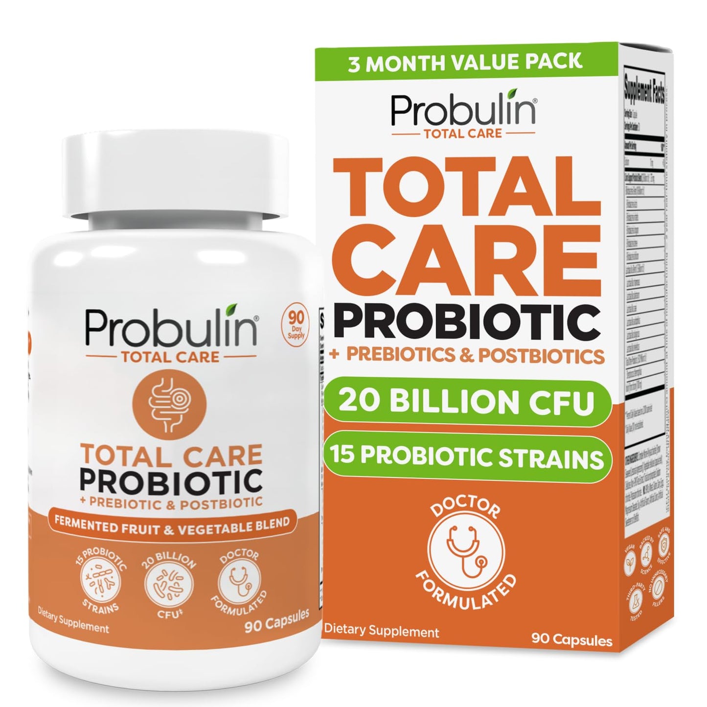 Probulin Total Care Probiotic Supplement, Daily Gut, Digestive, and Immune Health Probiotics Capsules for Men and Women, 20 Billion CFU, Vegan, 90 Count Bottle - dailyvitalstore