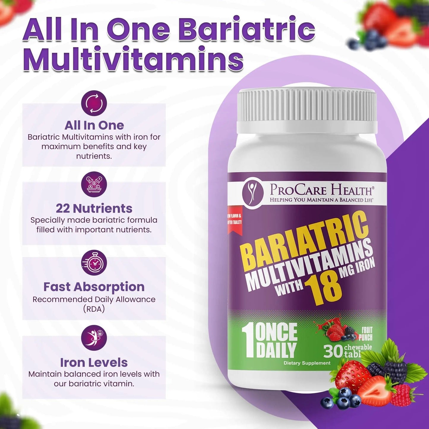 ProCare Health Bariatric Chewable Multivitamin with Iron 18mg (30 Tablets) - Fruit Punch Flavor Bariatric Multivitamin Chewable - dailyvitalstore