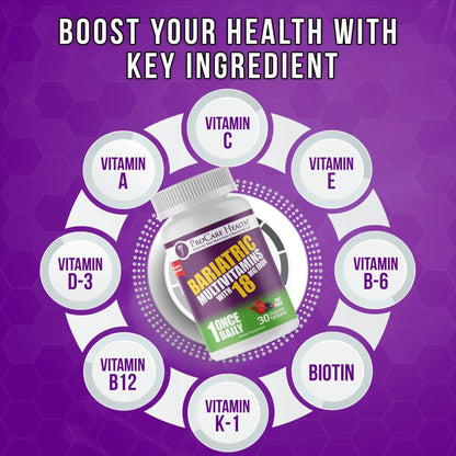 ProCare Health Bariatric Chewable Multivitamin with Iron 18mg (30 Tablets) - Fruit Punch Flavor Bariatric Multivitamin Chewable - dailyvitalstore