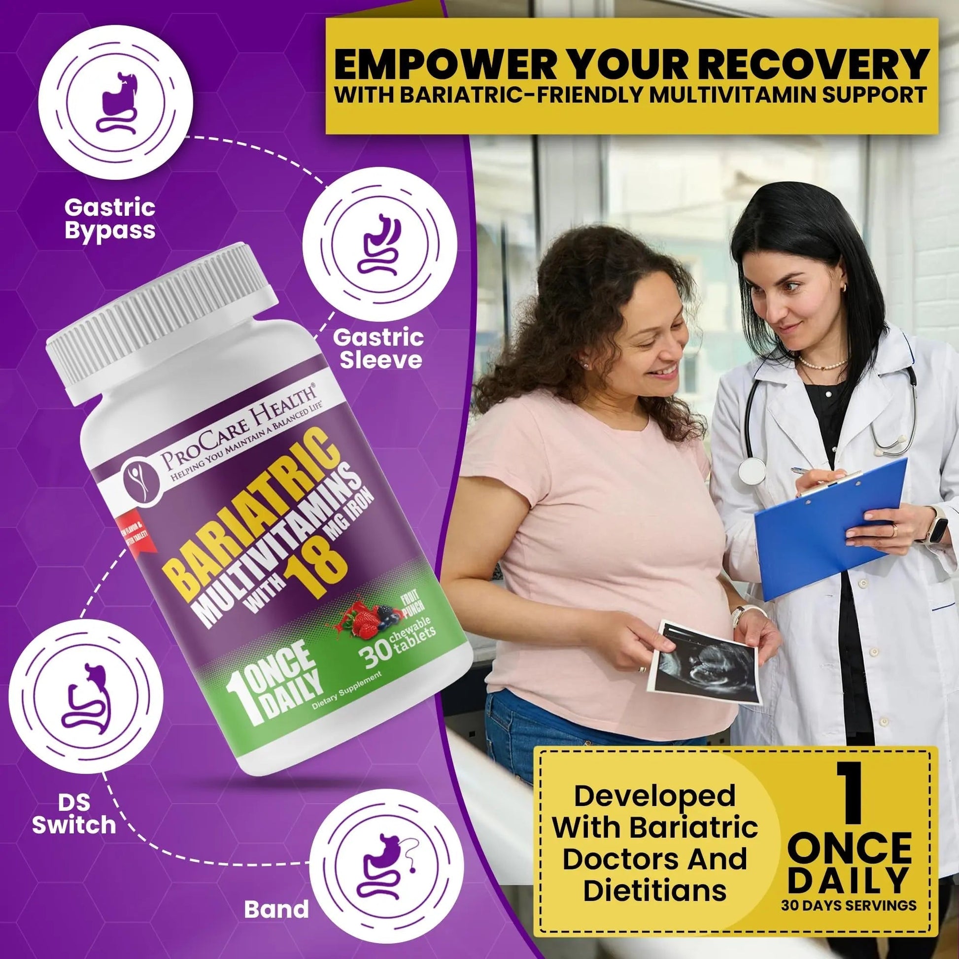 ProCare Health Bariatric Chewable Multivitamin with Iron 18mg (30 Tablets) - Fruit Punch Flavor Bariatric Multivitamin Chewable - dailyvitalstore