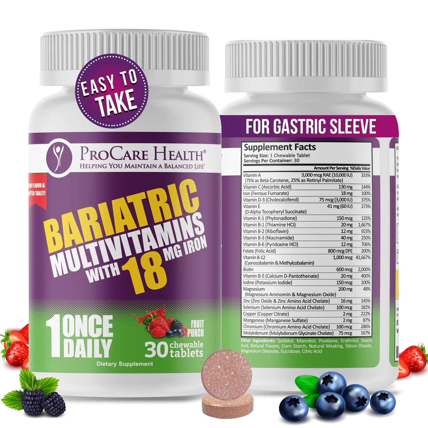 ProCare Health Bariatric Chewable Multivitamin with Iron 18mg (30 Tablets) - Fruit Punch Flavor Bariatric Multivitamin Chewable - dailyvitalstore