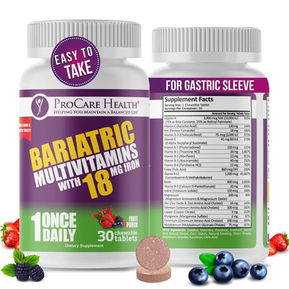 ProCare Health Bariatric Chewable Multivitamin with Iron 18mg (30 Tablets) - Fruit Punch Flavor Bariatric Multivitamin Chewable - dailyvitalstore