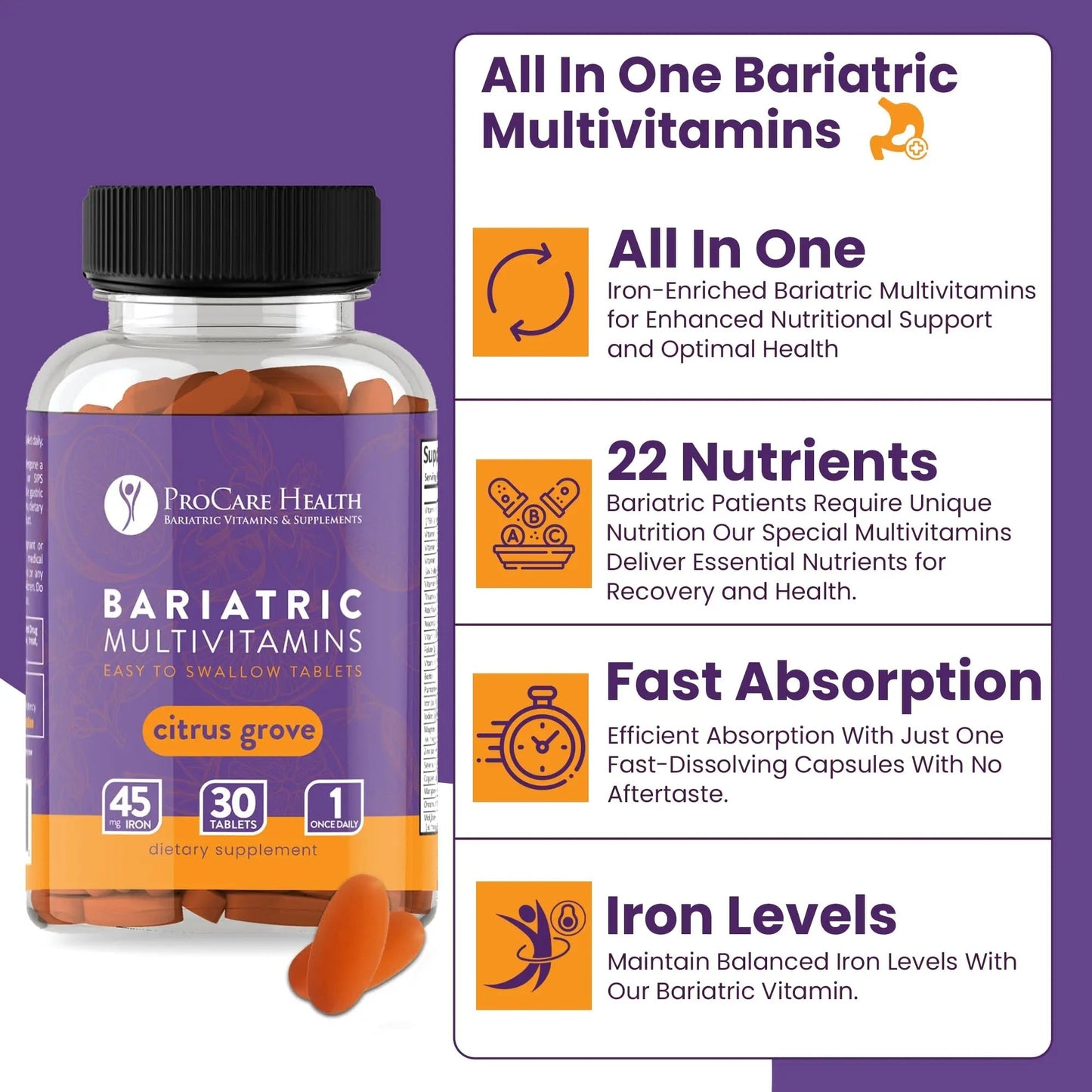 Procare Health Bariatric Multivitamin with Iron 45mg Easy to Swallow 30 Tablets - Post Op Bariatric Vitamins for Gastric Bypass Pills - dailyvitalstore