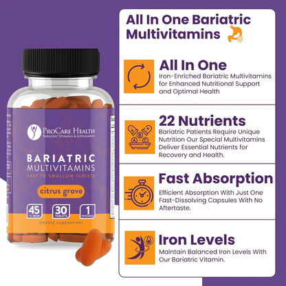 Procare Health Bariatric Multivitamin with Iron 45mg Easy to Swallow 30 Tablets - Post Op Bariatric Vitamins for Gastric Bypass Pills - dailyvitalstore