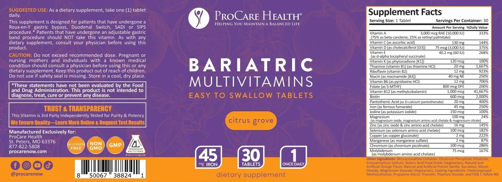 Procare Health Bariatric Multivitamin with Iron 45mg Easy to Swallow 30 Tablets - Post Op Bariatric Vitamins for Gastric Bypass Pills - dailyvitalstore