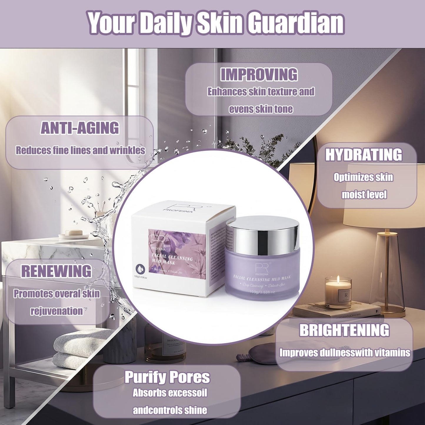 PROFEINA Clay Mask for Face, Non-Drying Facial Cleansing Mud Mask for Oily and Sensitive Skin, Deep Pore Cleansing Face Mask, Smooth Easy-Rinse Texture, Weekly Spa Skincare Routine, 4.23 Oz for Pores - dailyvitalstore