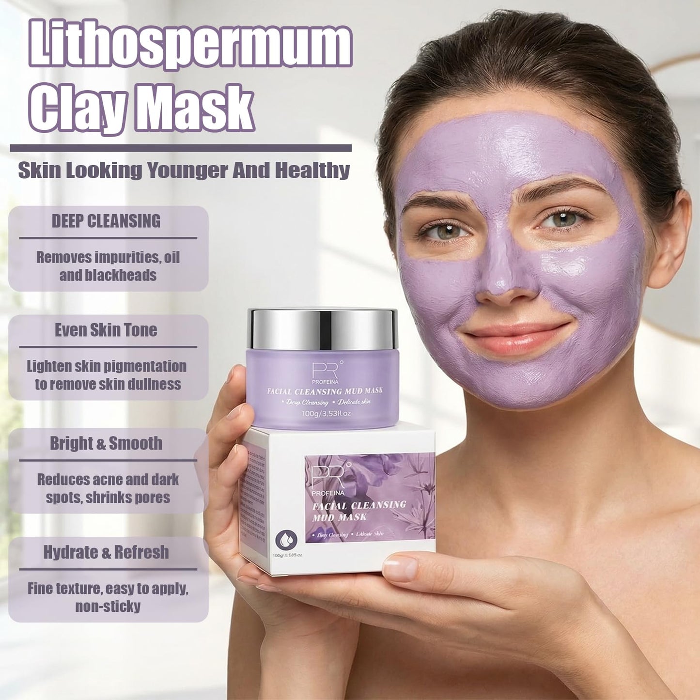 PROFEINA Clay Mask for Face, Non-Drying Facial Cleansing Mud Mask for Oily and Sensitive Skin, Deep Pore Cleansing Face Mask, Smooth Easy-Rinse Texture, Weekly Spa Skincare Routine, 4.23 Oz for Pores - dailyvitalstore
