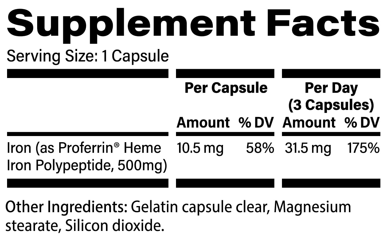 Proferrin Clear Heme Iron Supplement, 90 Capsules- Superior Absorption, Easy on The Gut, Natural, Made in The US - dailyvitalstore