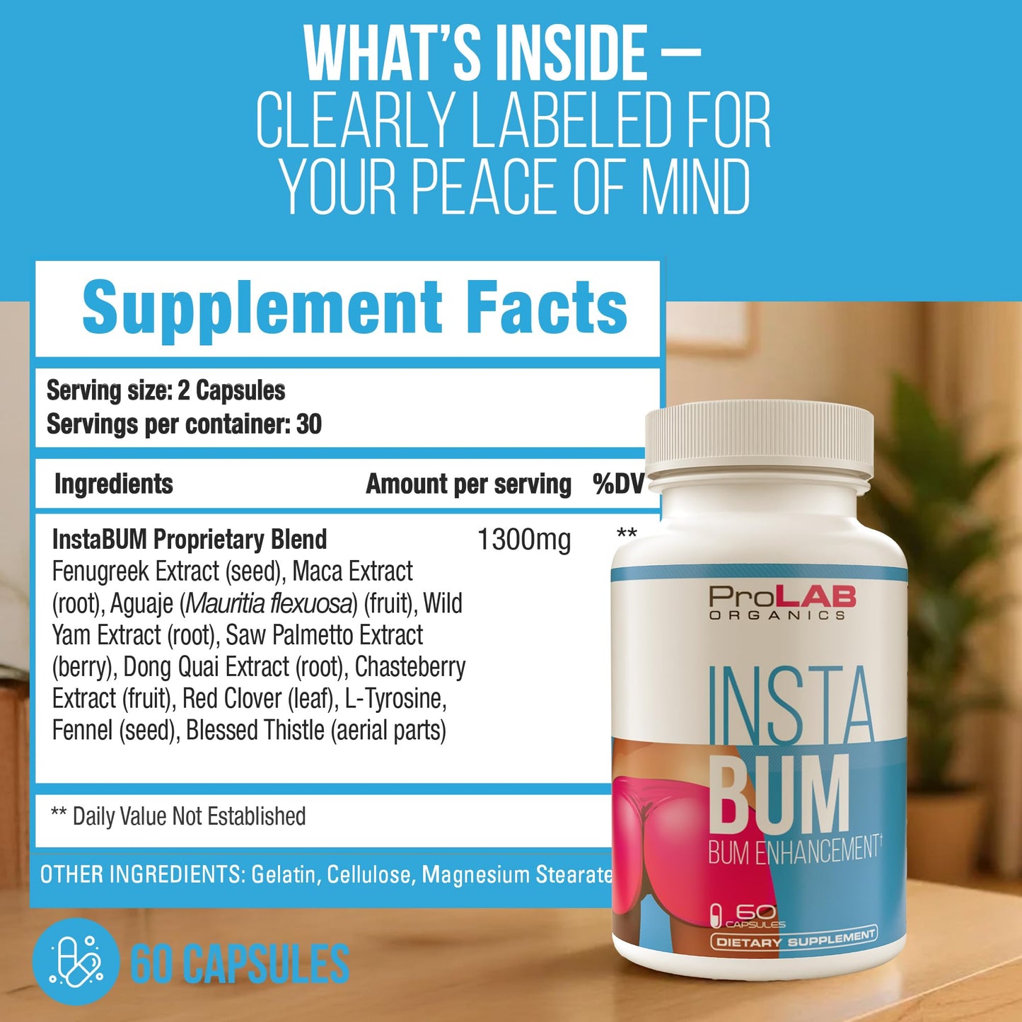 ProLab Organics InstaBum Bum Enhancement Pills – Lift, Shape, and Fill Glutes – Fast Growth for Bigger Butt and Hips – No Gummies. Visible Results in 1-2 Weeks - dailyvitalstore