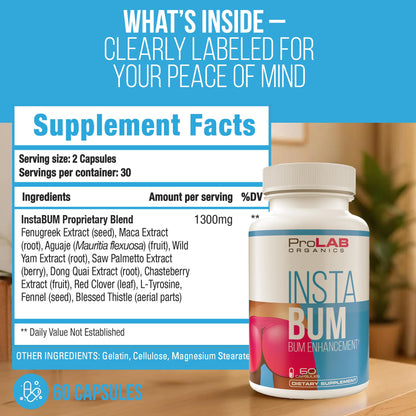 ProLab Organics InstaBum Bum Enhancement Pills – Lift, Shape, and Fill Glutes – Fast Growth for Bigger Butt and Hips – No Gummies. Visible Results in 1-2 Weeks - dailyvitalstore