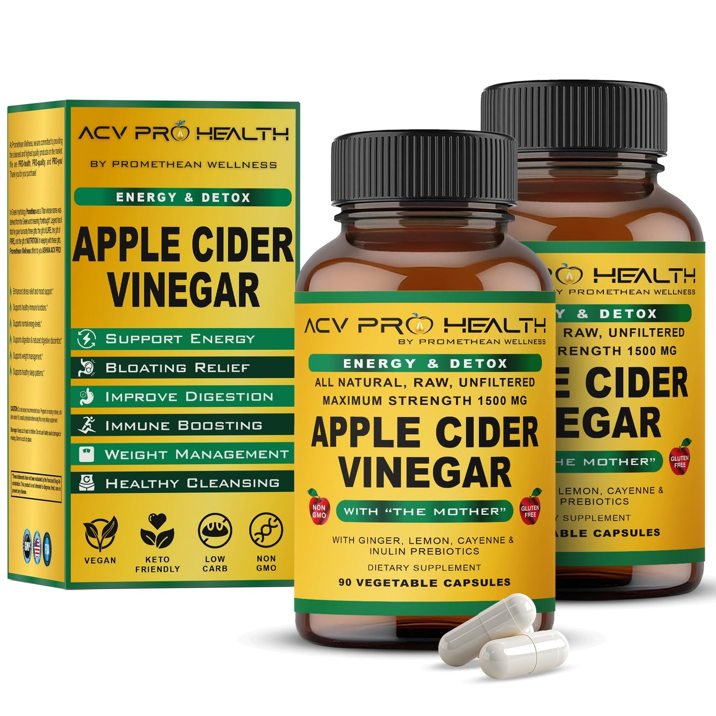 Promethean Wellness 2-PK (180 Count) ACV Pro Apple Cider Vinegar Capsules Certified Organic with Mother ACV Pills Detox Cleanse Acid Reflux Relief Support Supplement - dailyvitalstore