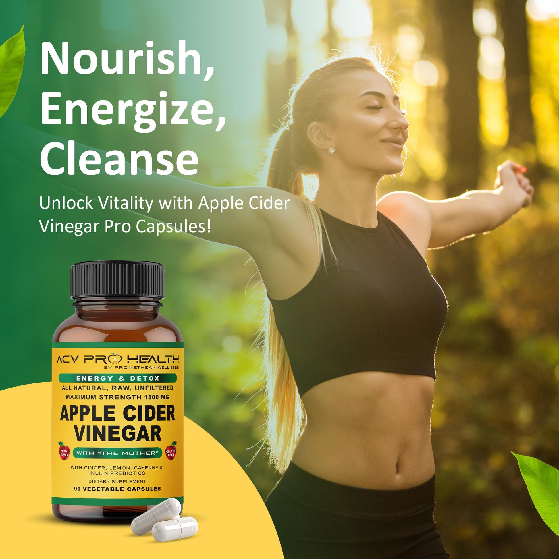 Promethean Wellness 2-PK (180 Count) ACV Pro Apple Cider Vinegar Capsules Certified Organic with Mother ACV Pills Detox Cleanse Acid Reflux Relief Support Supplement - dailyvitalstore