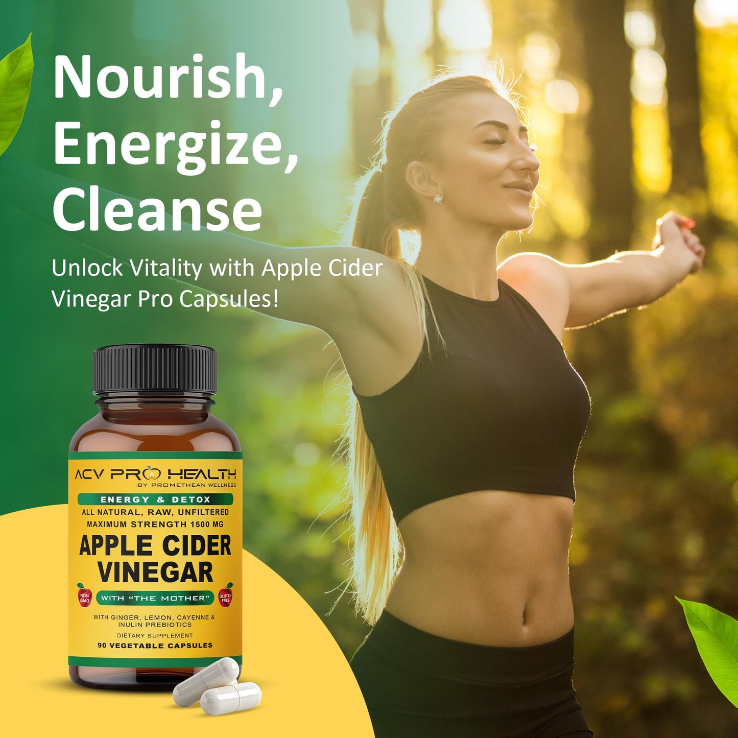 Promethean Wellness ACV Pro Apple Cider Vinegar Capsules Certified Organic with Mother ACV Pills Detox Cleanse Acid Reflux Relief Support Supplement Ginger - dailyvitalstore