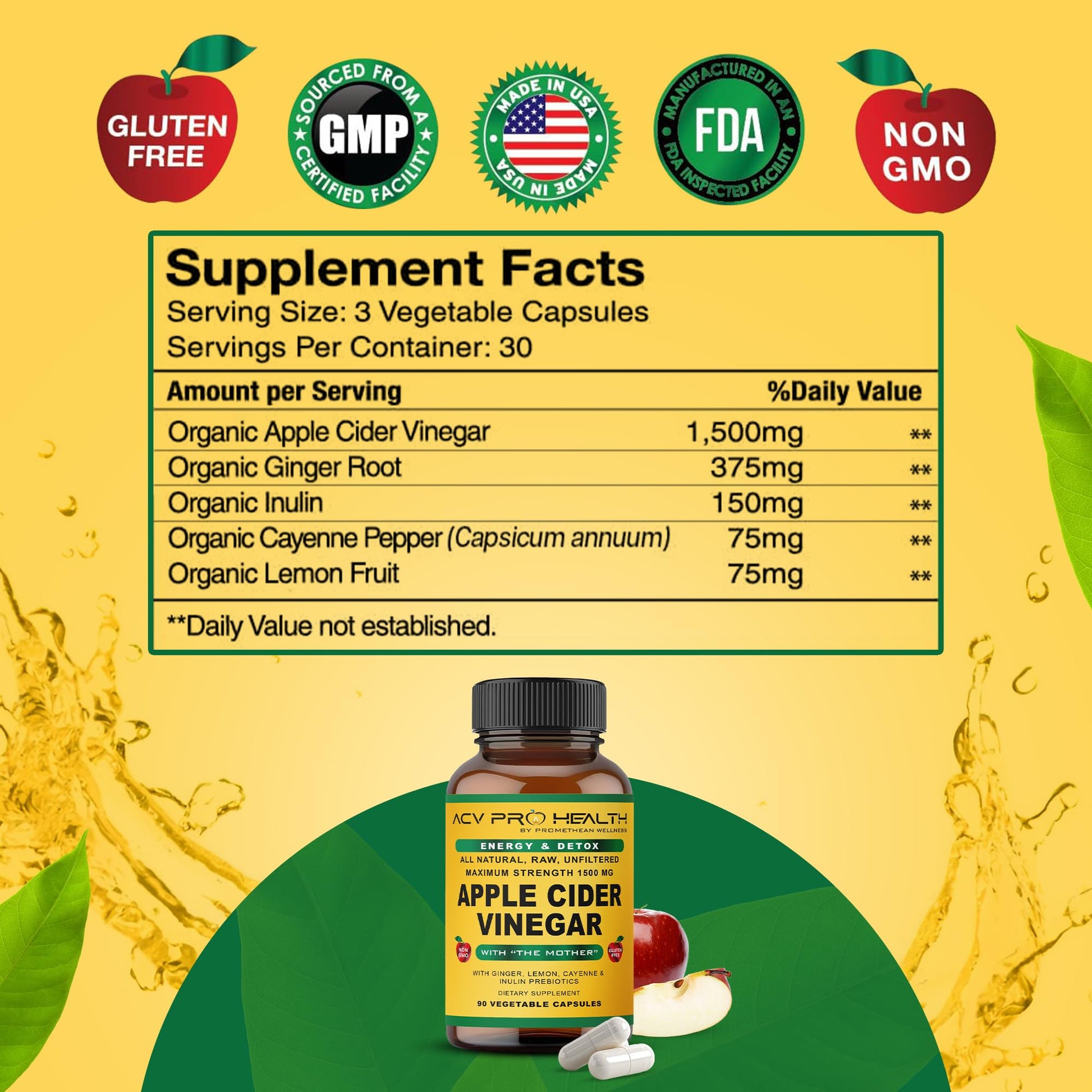 Promethean Wellness ACV Pro Apple Cider Vinegar Capsules Certified Organic with Mother ACV Pills Detox Cleanse Acid Reflux Relief Support Supplement Ginger - dailyvitalstore