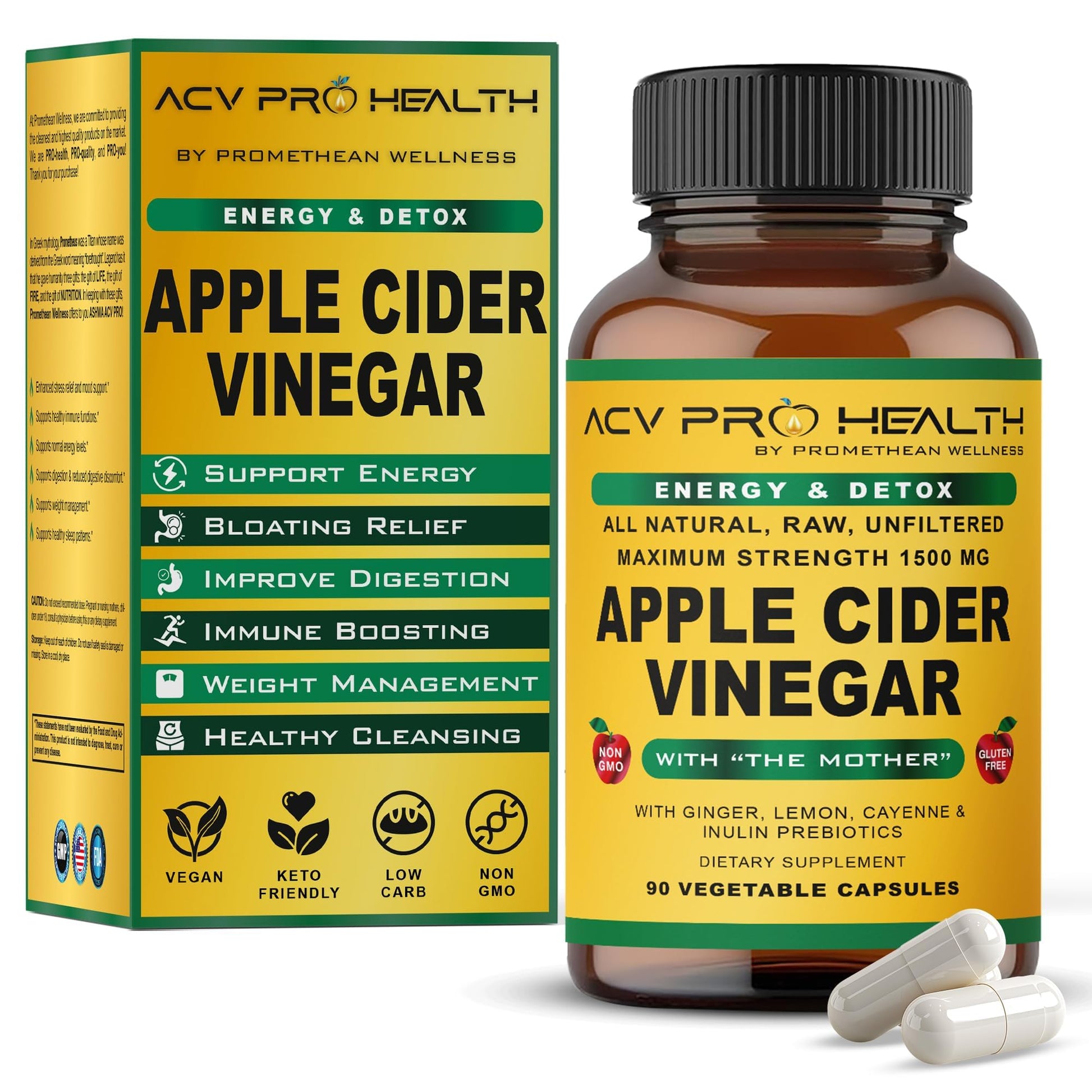 Promethean Wellness ACV Pro Apple Cider Vinegar Capsules Certified Organic with Mother ACV Pills Detox Cleanse Acid Reflux Relief Support Supplement Ginger - dailyvitalstore