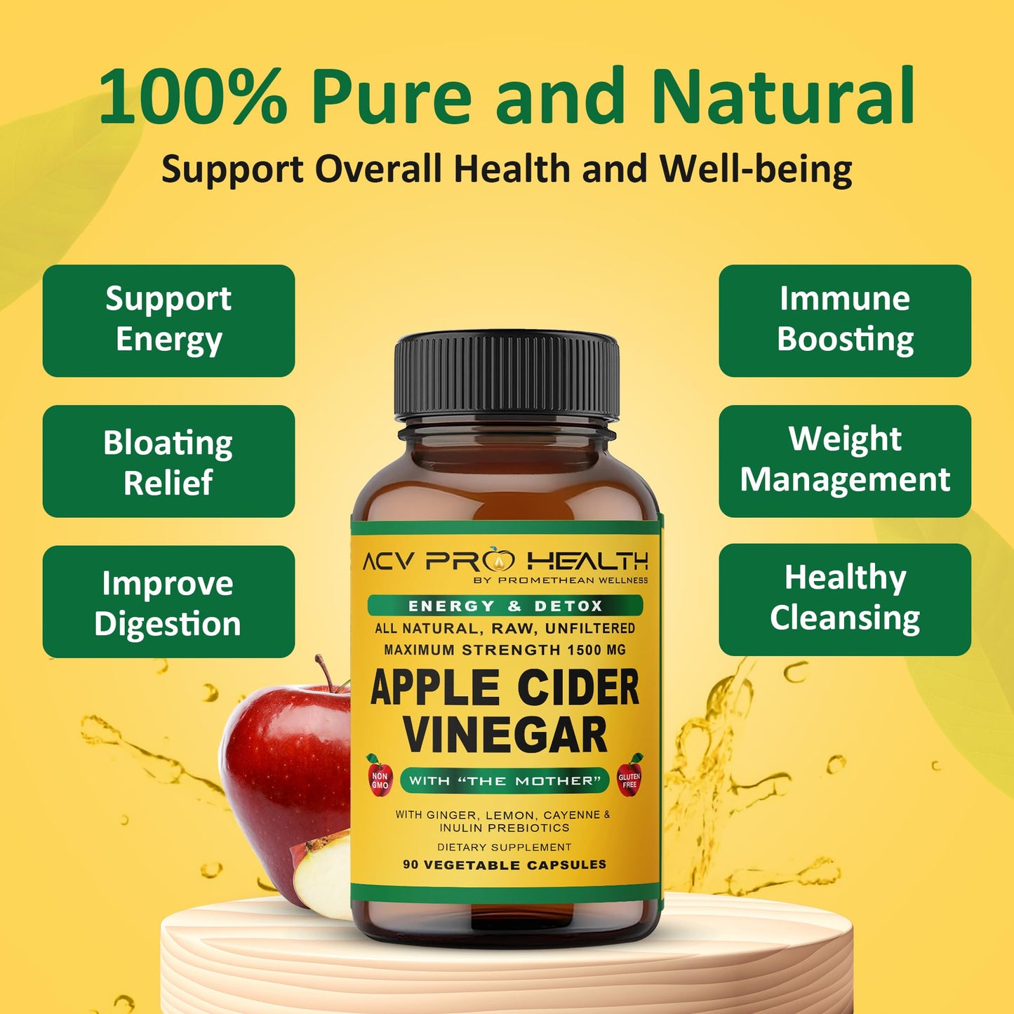 Promethean Wellness ACV Pro Apple Cider Vinegar Capsules Certified Organic with Mother ACV Pills Detox Cleanse Acid Reflux Relief Support Supplement Ginger - dailyvitalstore