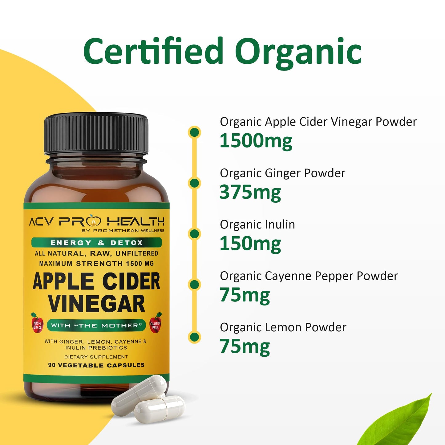 Promethean Wellness ACV Pro Apple Cider Vinegar Capsules Certified Organic with Mother ACV Pills Detox Cleanse Acid Reflux Relief Support Supplement Ginger - dailyvitalstore
