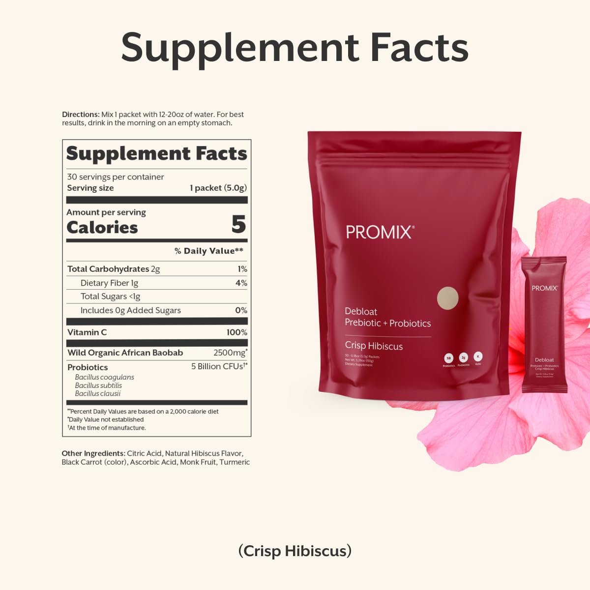 ProMix Nutrition Debloat Prebiotics and Probiotics Immune Support Supplement for Digestion, Cortisol Health, Gut Cleanse - Hibiscus - dailyvitalstore