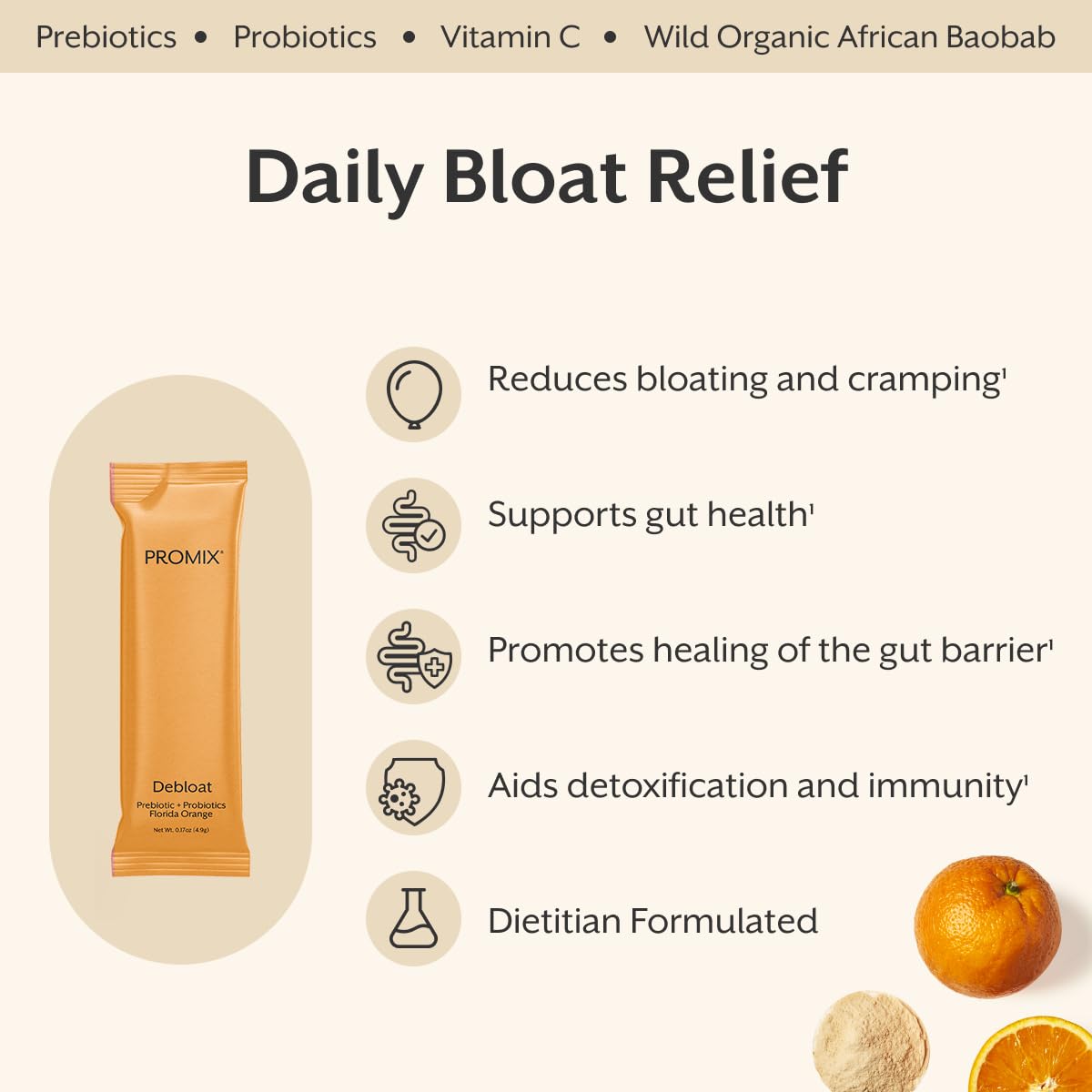 ProMix Nutrition Debloat Prebiotics and Probiotics with Baobab - Rich in Vitamin C, Bloating Relief, Immune Support - dailyvitalstore