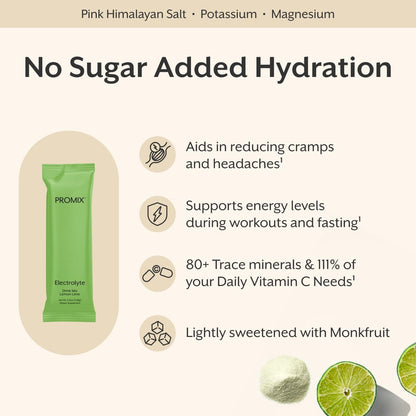 ProMix Nutrition Electrolytes Powder Hydration Packets - Himalayan Pink Salt, Magnesium, Potassium, Vitamin C - Lemon Lime, Lightly Sweetened - dailyvitalstore