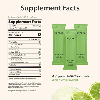 ProMix Nutrition Electrolytes Powder Hydration Packets - Himalayan Pink Salt, Magnesium, Potassium, Vitamin C - Lemon Lime, Lightly Sweetened - dailyvitalstore