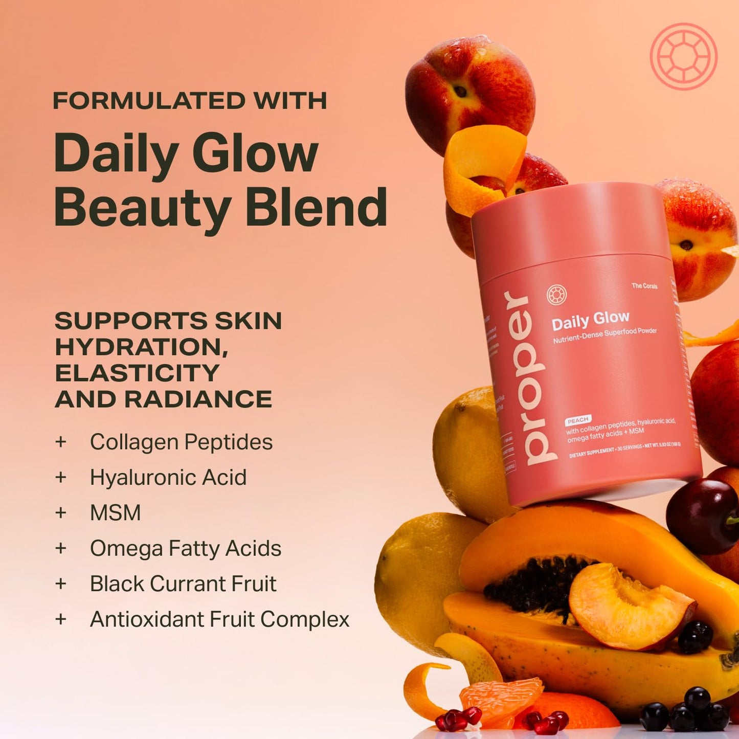 Proper, The Corals Daily Glow Beauty Blend - Nutrient Dense Superfood Powder with Collagen Peptides, Hyaluronic Acid Powder, Vitamin C, and MSM. Hair, Skin, Nail Vitamin Supplement for Women & Men - dailyvitalstore