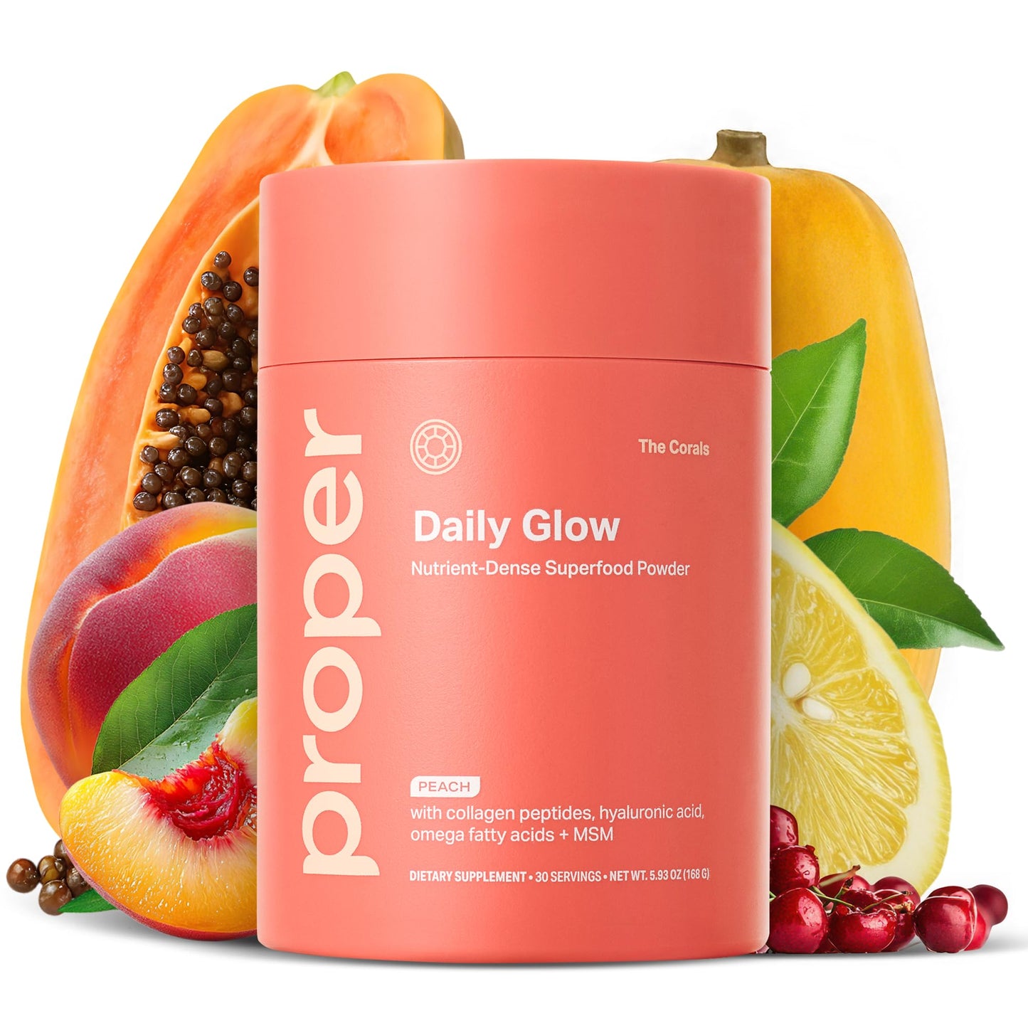 Proper, The Corals Daily Glow Beauty Blend - Nutrient Dense Superfood Powder with Collagen Peptides, Hyaluronic Acid Powder, Vitamin C, and MSM. Hair, Skin, Nail Vitamin Supplement for Women & Men - dailyvitalstore