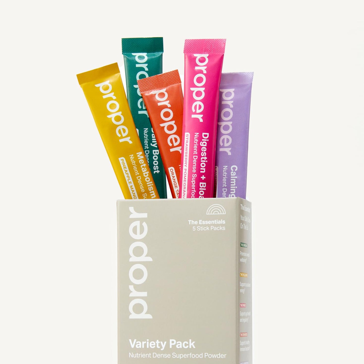 Proper The Essentials Super Foods Powder 5-Stick Variety Pack - Super Greens, Gut Health, Metabolism & Energy, Calm Magnesium Powder & Immune Support Supplement Packs - dailyvitalstore