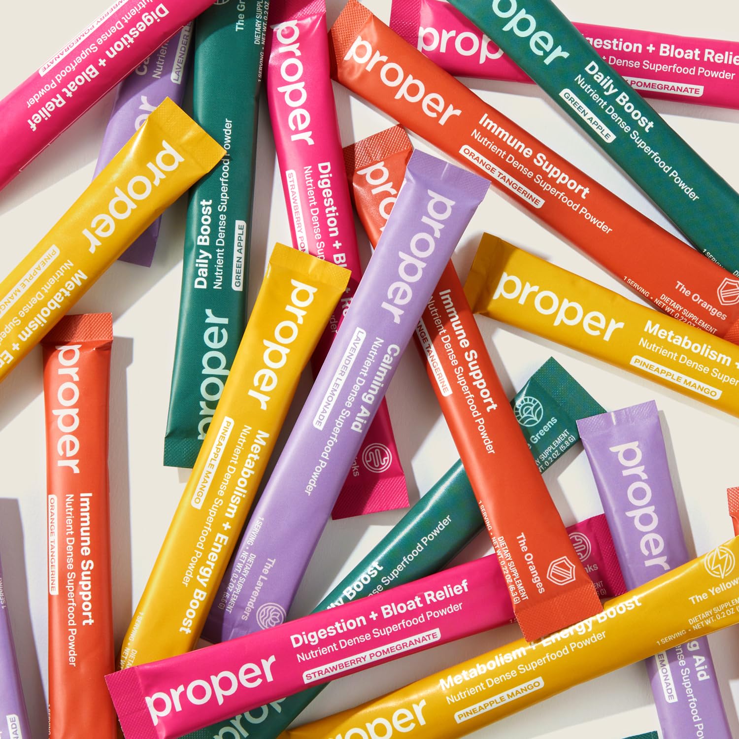 Proper The Essentials Super Foods Powder 5-Stick Variety Pack - Super Greens, Gut Health, Metabolism & Energy, Calm Magnesium Powder & Immune Support Supplement Packs - dailyvitalstore