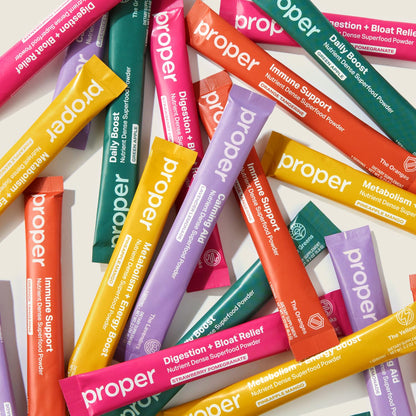 Proper The Essentials Super Foods Powder 5-Stick Variety Pack - Super Greens, Gut Health, Metabolism & Energy, Calm Magnesium Powder & Immune Support Supplement Packs - dailyvitalstore