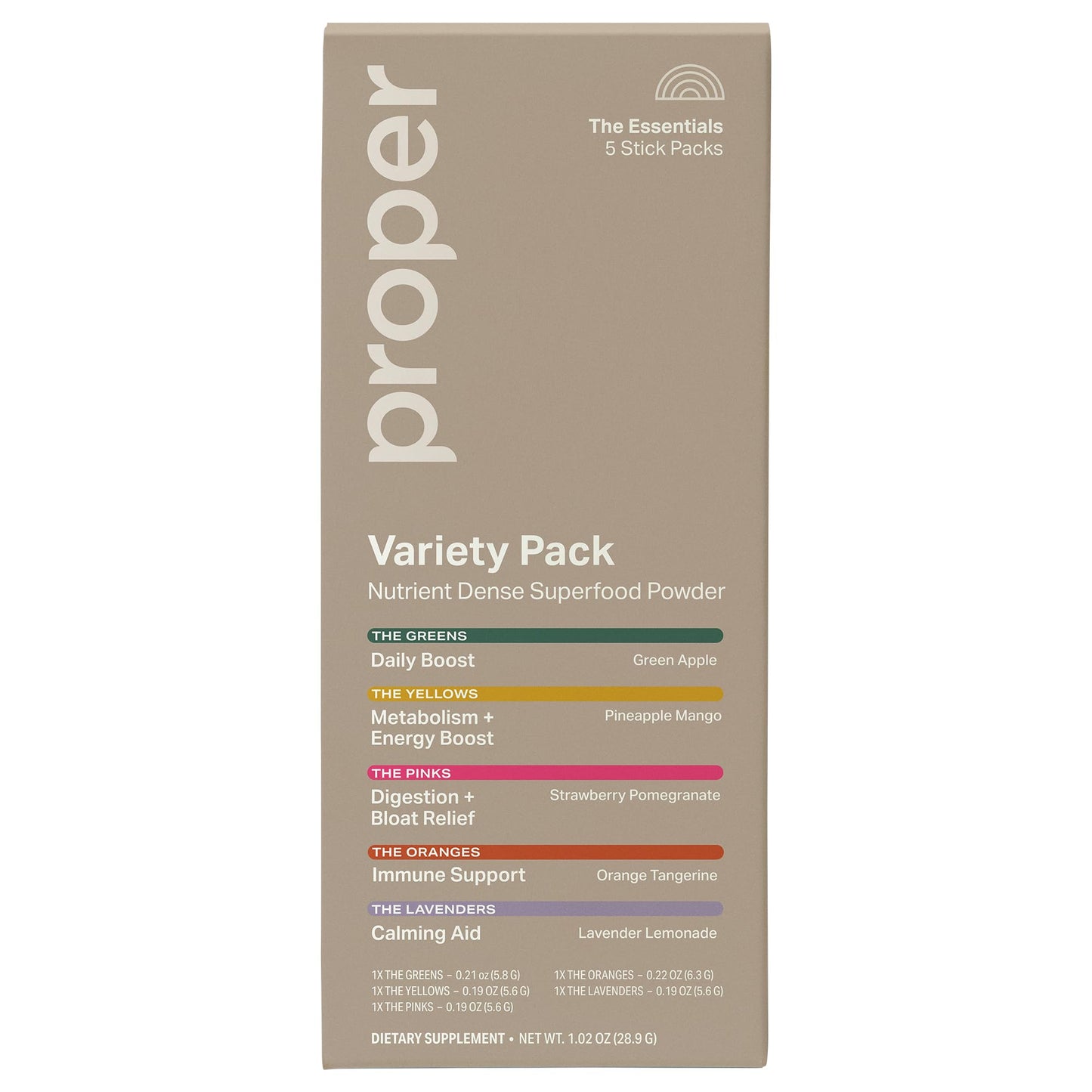 Proper The Essentials Super Foods Powder 5-Stick Variety Pack - Super Greens, Gut Health, Metabolism & Energy, Calm Magnesium Powder & Immune Support Supplement Packs - dailyvitalstore