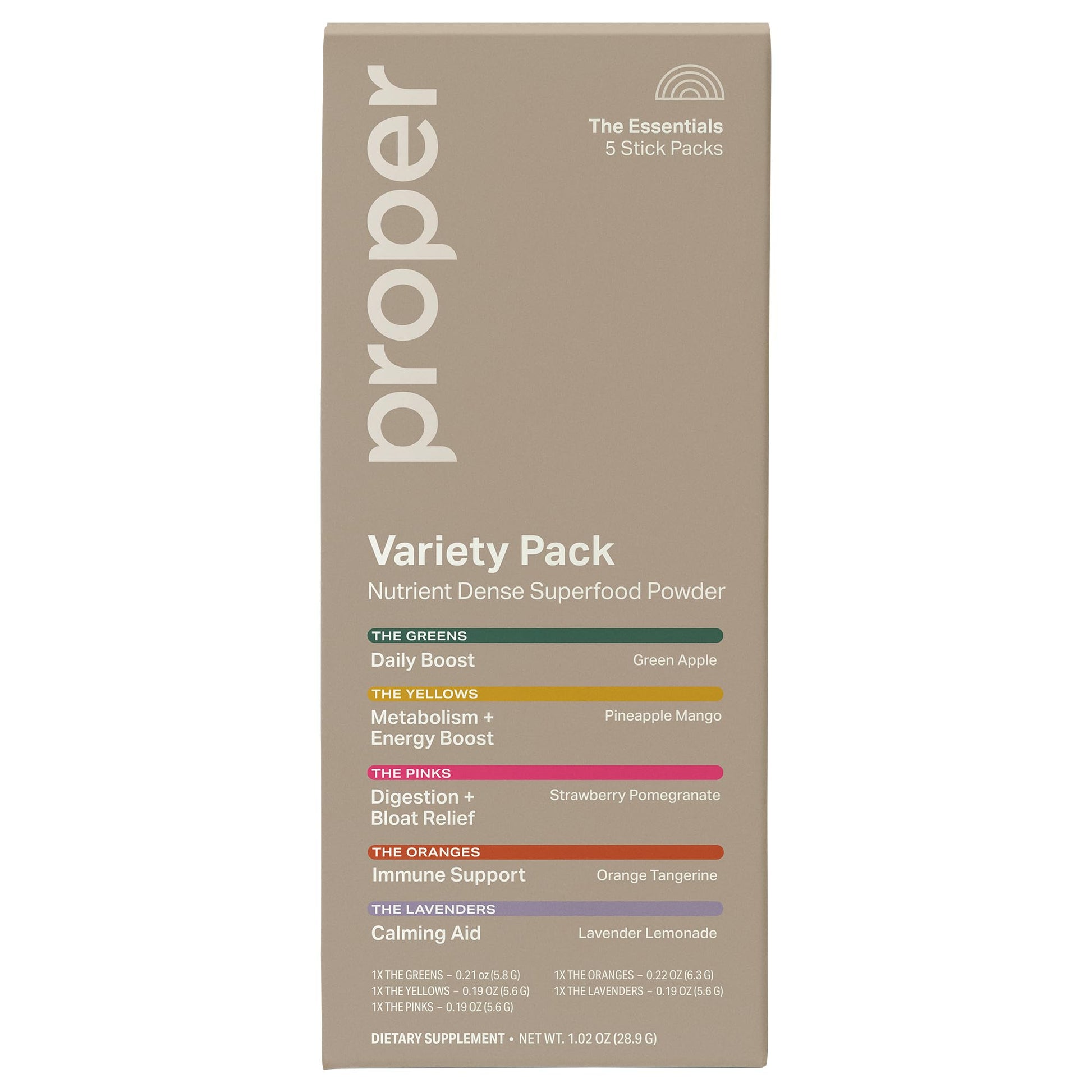 Proper The Essentials Super Foods Powder 5-Stick Variety Pack - Super Greens, Gut Health, Metabolism & Energy, Calm Magnesium Powder & Immune Support Supplement Packs - dailyvitalstore