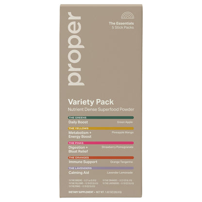 Proper The Essentials Super Foods Powder 5-Stick Variety Pack - Super Greens, Gut Health, Metabolism & Energy, Calm Magnesium Powder & Immune Support Supplement Packs - dailyvitalstore