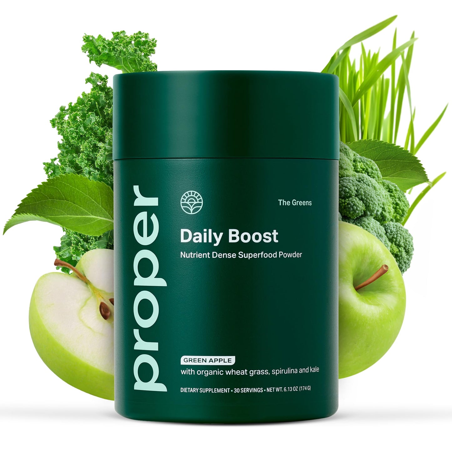Proper, The Greens Daily Boost Organic Greens Powder. Whole Food, Apple Flavour Veggie Powder Superfood with Wheatgrass, Spirulina, Chlorella, Probiotics. - dailyvitalstore