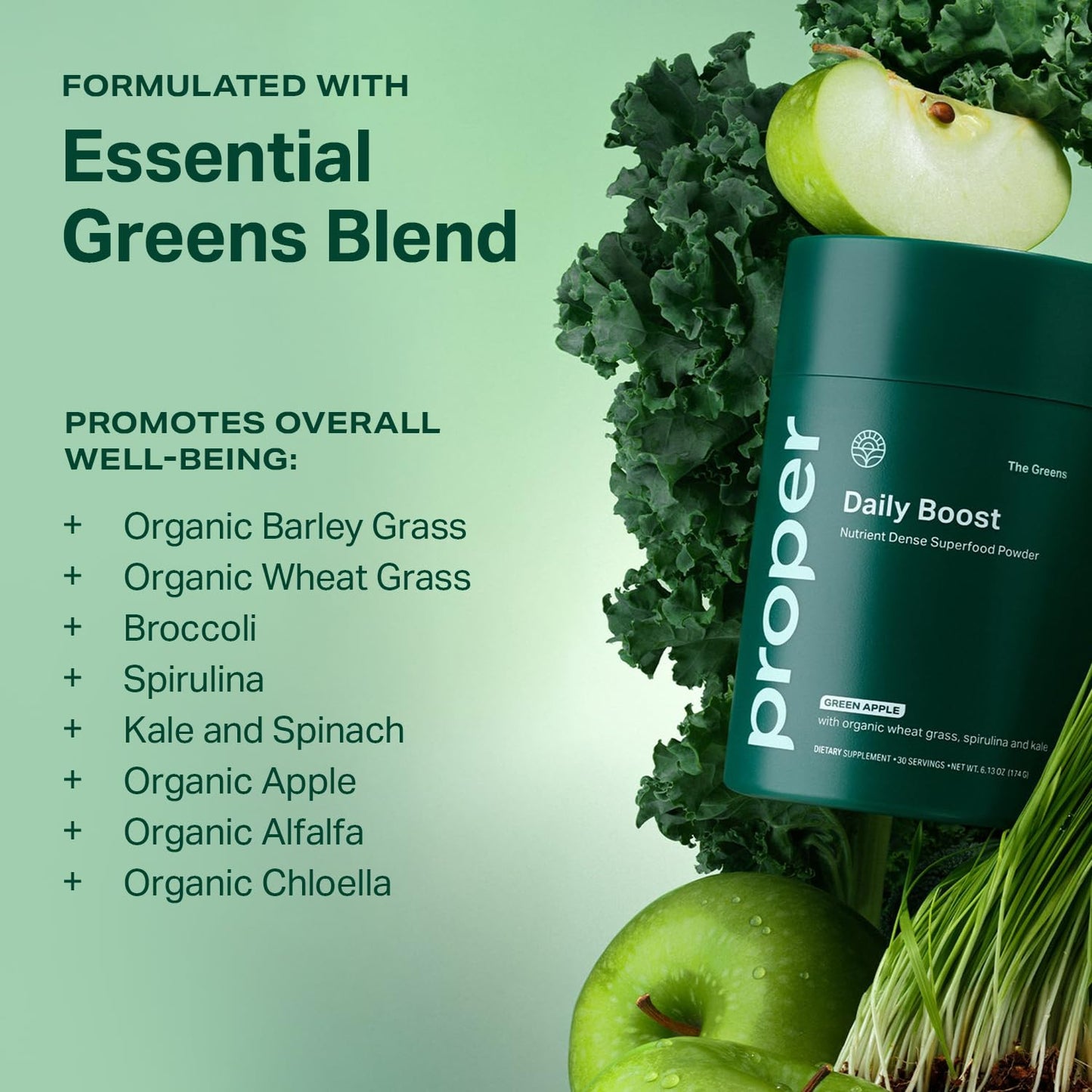 Proper, The Greens Daily Boost Organic Greens Powder. Whole Food, Apple Flavour Veggie Powder Superfood with Wheatgrass, Spirulina, Chlorella, Probiotics. - dailyvitalstore