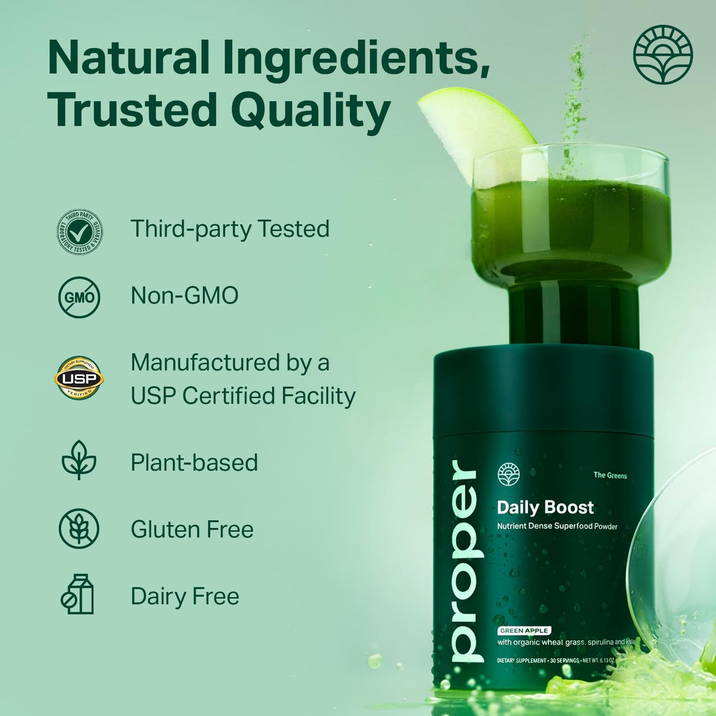 Proper, The Greens Daily Boost Organic Greens Powder. Whole Food, Apple Flavour Veggie Powder Superfood with Wheatgrass, Spirulina, Chlorella, Probiotics. - dailyvitalstore