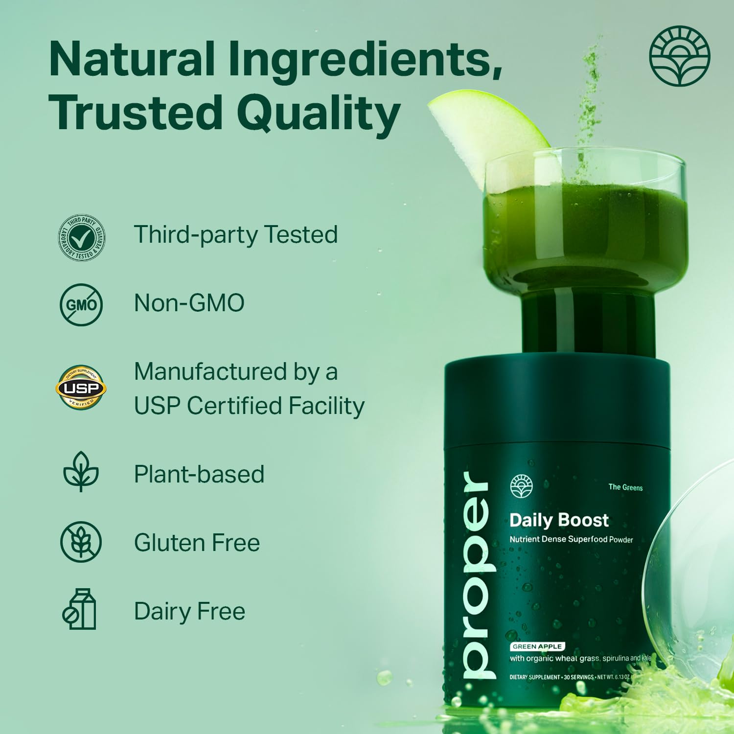 Proper, The Greens Daily Boost Organic Greens Powder. Whole Food, Apple Flavour Veggie Powder Superfood with Wheatgrass, Spirulina, Chlorella, Probiotics. - dailyvitalstore