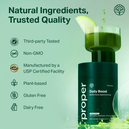 Proper, The Greens Daily Boost Organic Greens Powder. Whole Food, Apple Flavour Veggie Powder Superfood with Wheatgrass, Spirulina, Chlorella, Probiotics. - dailyvitalstore
