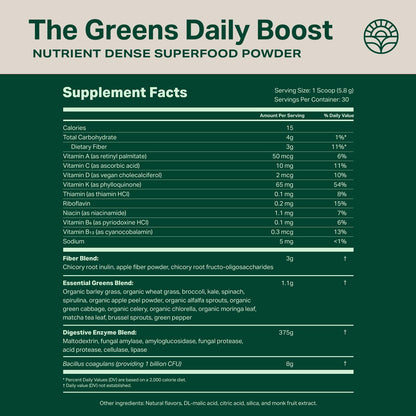 Proper, The Greens Daily Boost Organic Greens Powder. Whole Food, Apple Flavour Veggie Powder Superfood with Wheatgrass, Spirulina, Chlorella, Probiotics. - dailyvitalstore