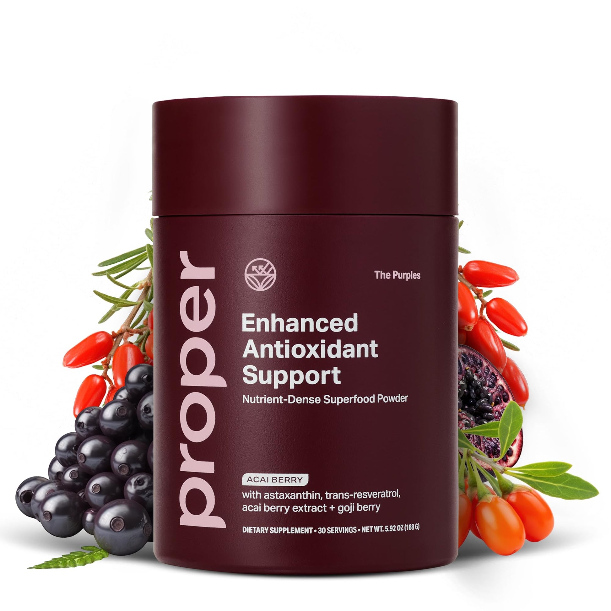 Proper, The Purples Nutrient-Dense Superfood Powder - Antioxidant Supplement and Cellular Support – Acai, Amla, Blueberry, Vitamin C, B Vitamins & More - Enhanced with Prebiotic Fiber & Probiotics - dailyvitalstore