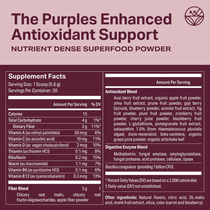 Proper, The Purples Nutrient-Dense Superfood Powder - Antioxidant Supplement and Cellular Support – Acai, Amla, Blueberry, Vitamin C, B Vitamins & More - Enhanced with Prebiotic Fiber & Probiotics - dailyvitalstore