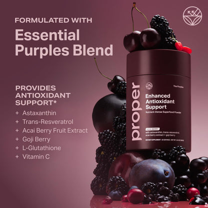 Proper, The Purples Nutrient-Dense Superfood Powder - Antioxidant Supplement and Cellular Support – Acai, Amla, Blueberry, Vitamin C, B Vitamins & More - Enhanced with Prebiotic Fiber & Probiotics - dailyvitalstore