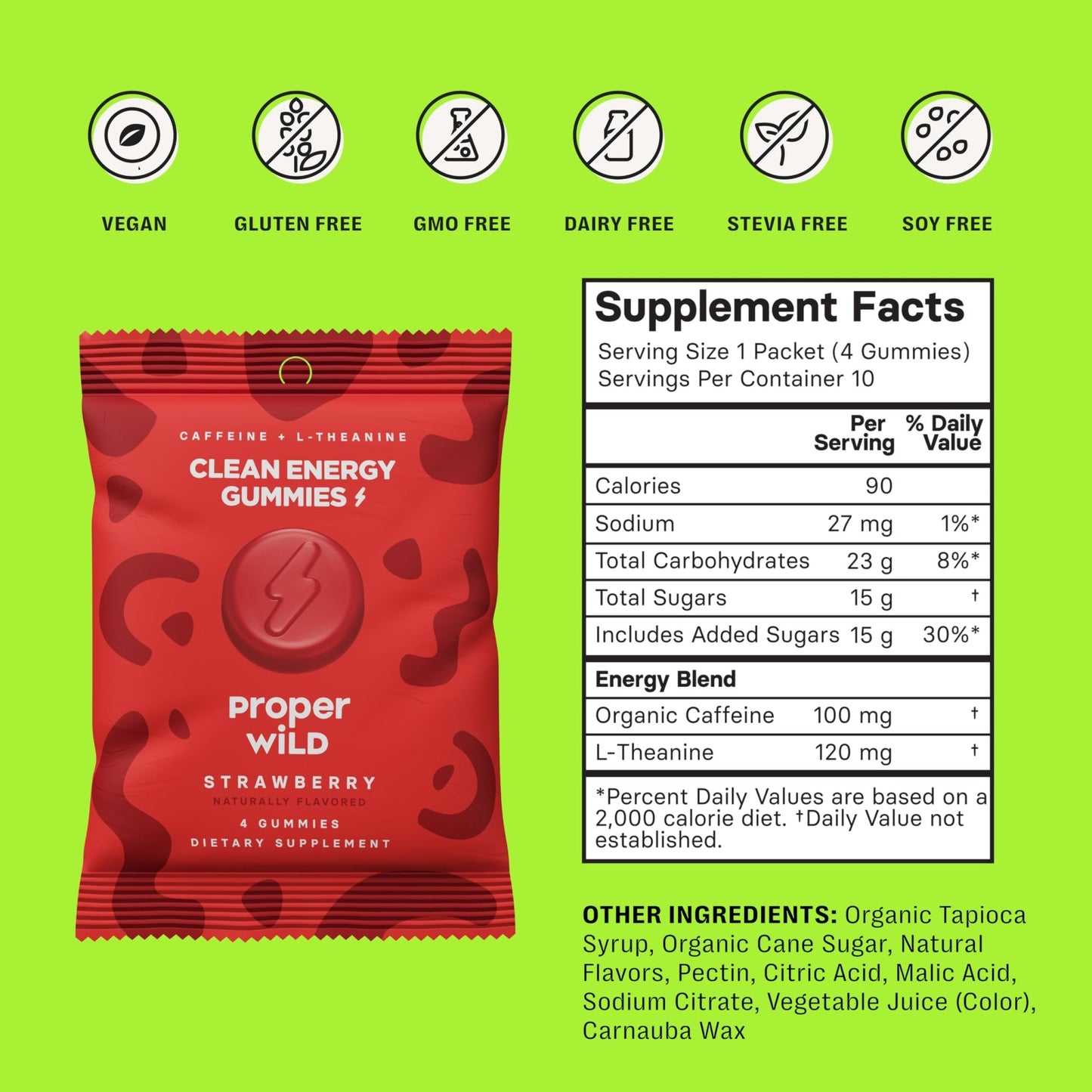 Proper Wild Energy Chews & Gummies for Focus & Clean Energy, Vegan with L-Theanine & Organic Caffeine, Plant-Based, Gluten-Free, Non-GMO, Strawberry (10-Pack) - dailyvitalstore