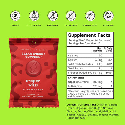 Proper Wild Energy Chews & Gummies for Focus & Clean Energy, Vegan with L-Theanine & Organic Caffeine, Plant-Based, Gluten-Free, Non-GMO, Strawberry (10-Pack) - dailyvitalstore