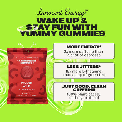 Proper Wild Energy Chews & Gummies for Focus & Clean Energy, Vegan with L-Theanine & Organic Caffeine, Plant-Based, Gluten-Free, Non-GMO, Strawberry (10-Pack) - dailyvitalstore